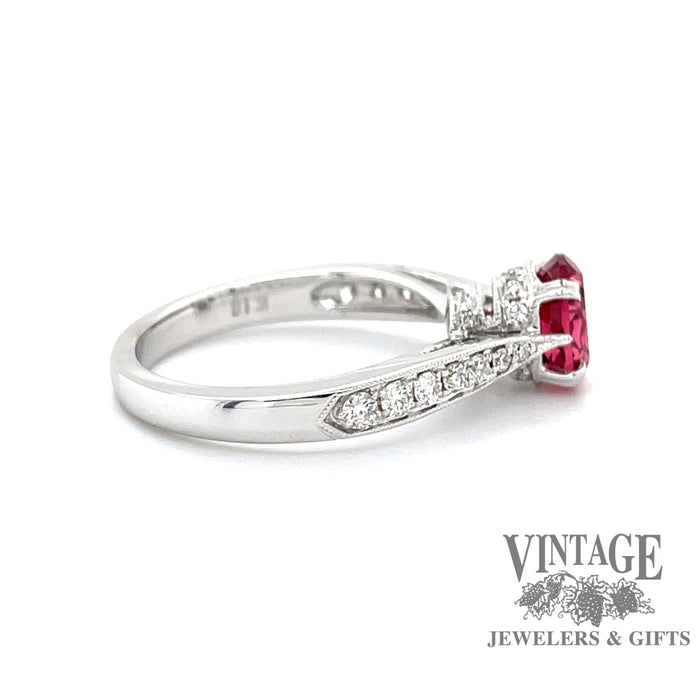 Red Spinel and diamond 18k white gold ring, side view
