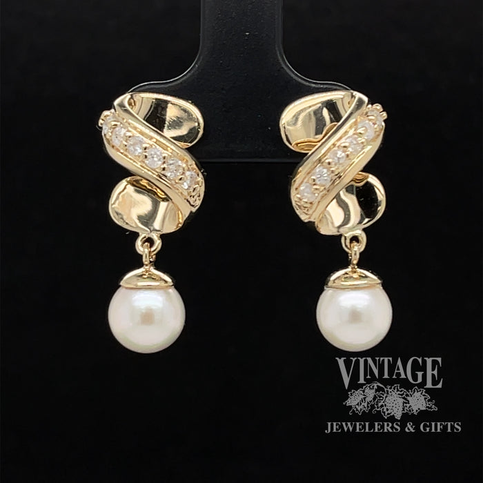 Twist 14ky gold diamond and pearl drop earrings