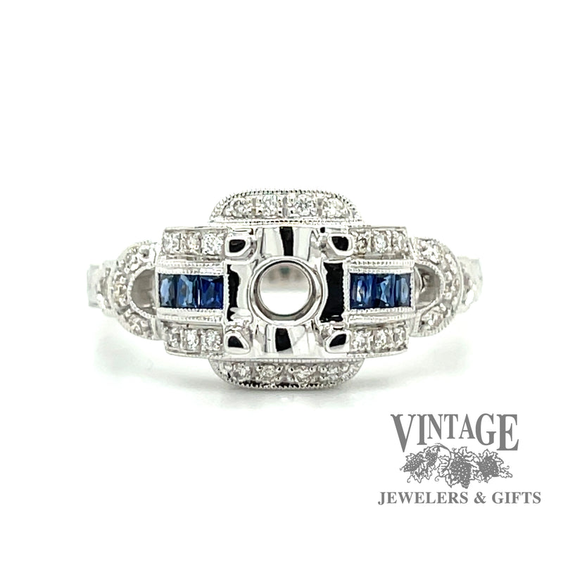 Diamond and sapphire hand engraved 14kw gold semi mount ring