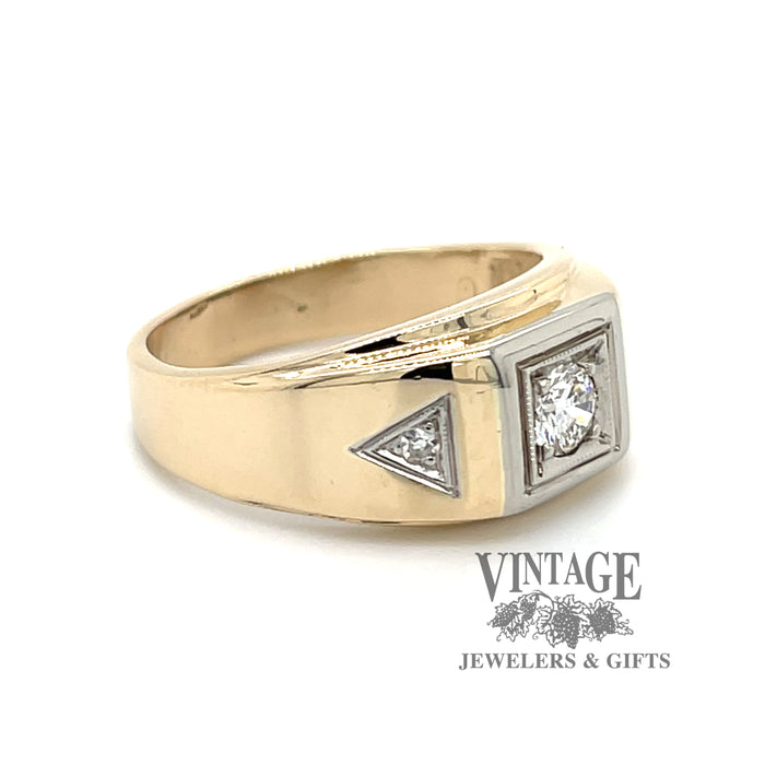 14 karat yellow and white gold .22ctw 3-diamond tapered ring, angled view