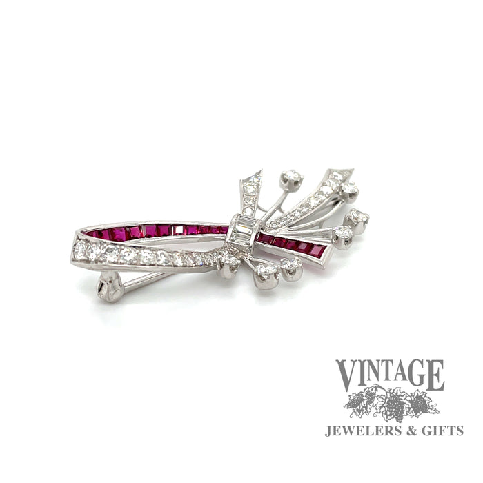 Vintage platinum ruby diamond bow design pin, side view