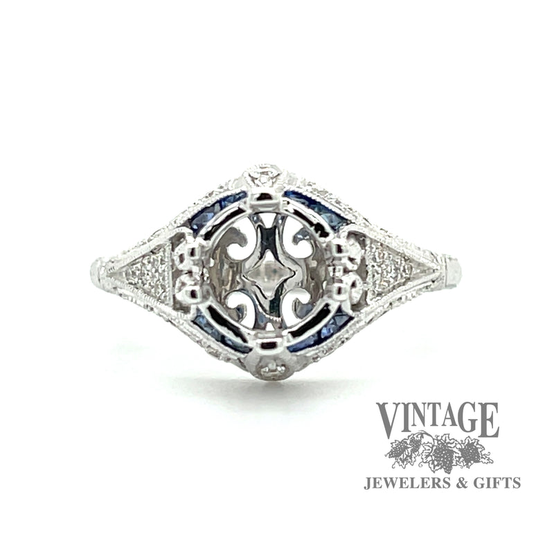 Filigree hand engraved sapphire and diamond vintage inspired 14kw gold ring