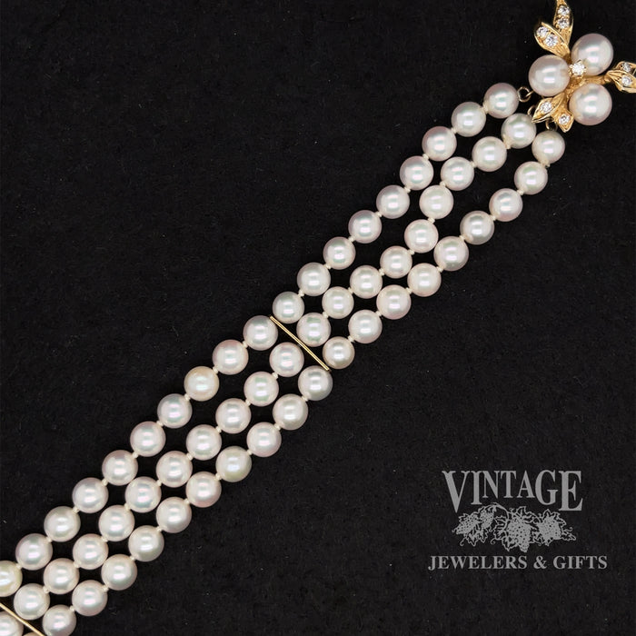 14 karat yellow gold 3 strand pearl fancy clasp bracelet