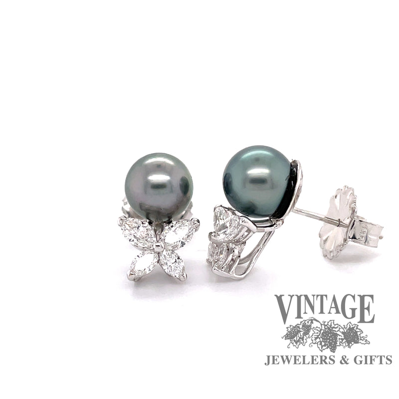 18 karat white gold 8.5 mm gray cultured Tahitian pearl with diamond stud earrings
