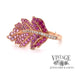 14 karat rose gold leaf design ring with pave pink sapphires and diamonds, angled front view