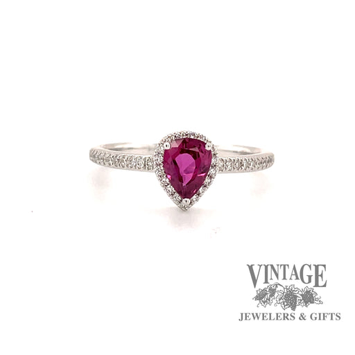 14 karat white gold pear shape ruby ring with diamond halo, front