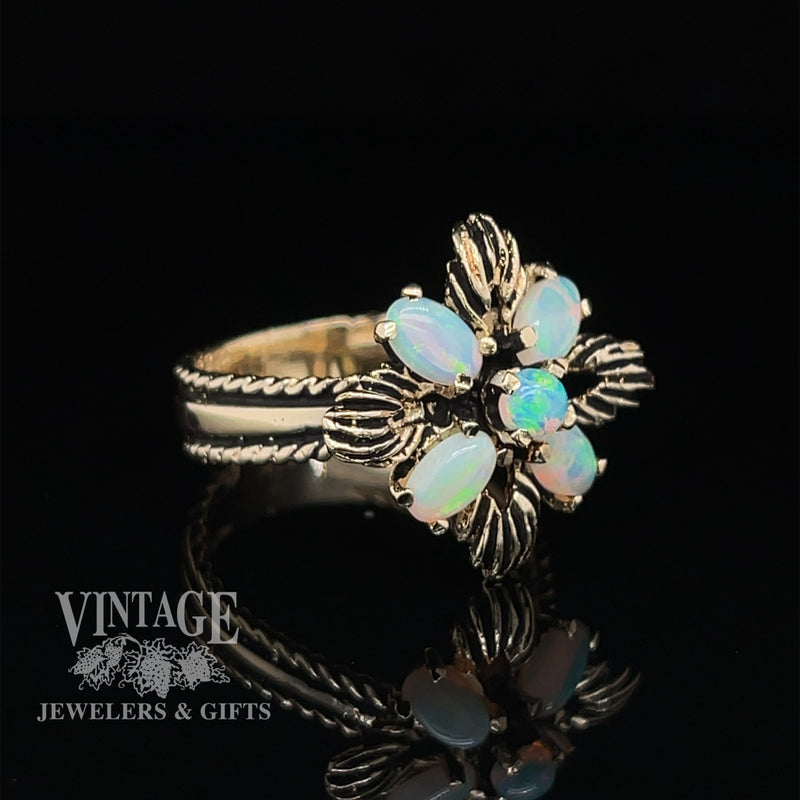 14 karat yellow gold opal flower motif cluster ring, angled view