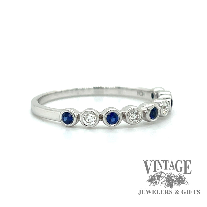 14 karat white gold diamond and sapphire “bubble” ring, angled view