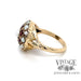 9 karat yellow gold pearl and garnet antique estate cluster style ring, side view 
