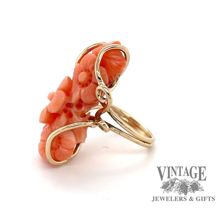 Floral carved coral 14k gold wrap ring, other side view