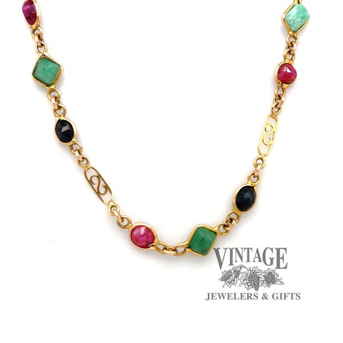 Ruby, Emerald, Sapphire 14ky gold necklace