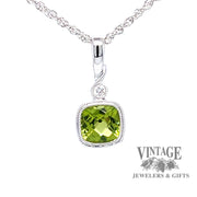 14 karat white gold checkerboard cushion cut natural peridot pendant