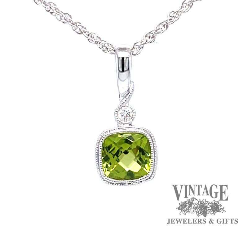 14 karat white gold checkerboard cushion cut natural peridot pendant