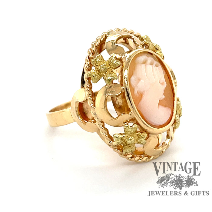 18k gold cameo floral design ring, angled front/side view