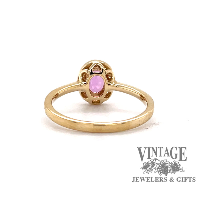 14 karat yellow gold oval pink sapphire and diamond halo ring, back view