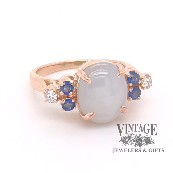 14 karat rose gold white star sapphire ring front angled view.