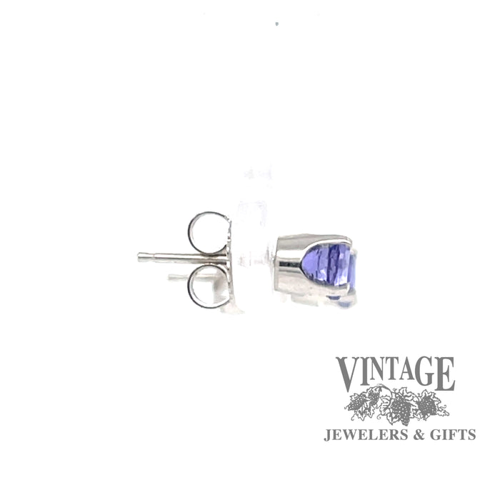  .87ctw Tanzanite round stud earrings in 14k white gold, close up side view