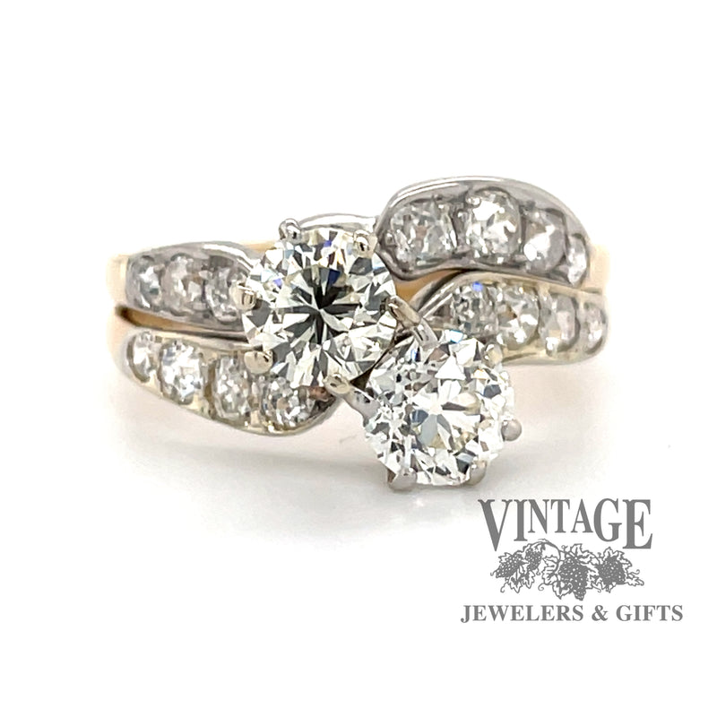14 karat yellow and white gold 2.38 carat total weight diamond two stone vintage bypass ring