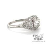 .64 carats total weight vintage platinum Art Deco diamond ring, angled view