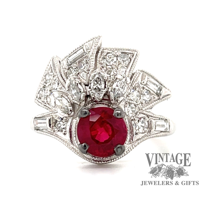 Platinum vintage Art Deco Natural ruby and diamond ring