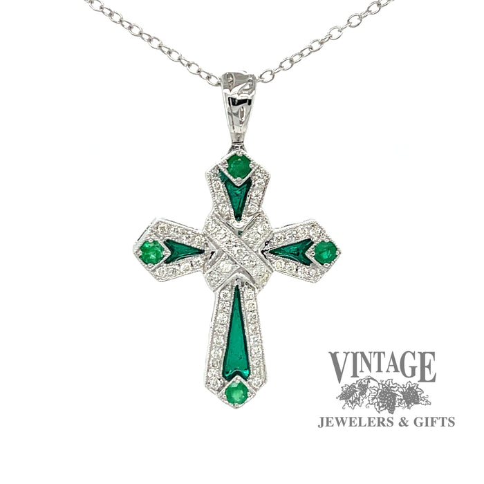 14 karat white gold emerald, diamond and enamel cross pendant