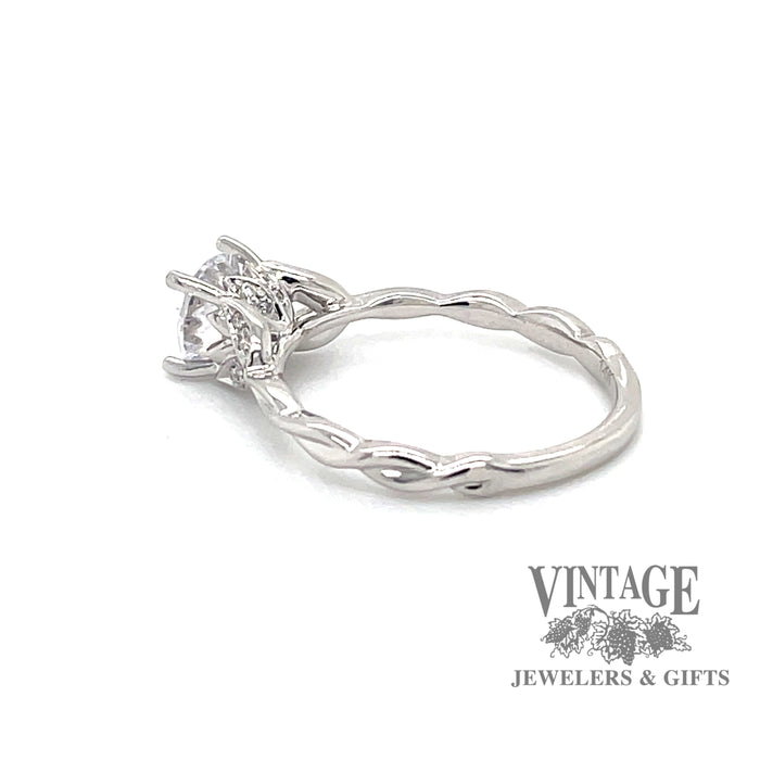 14 karat white gold diamond semi mount engagement ring with diamond leaf design, side view