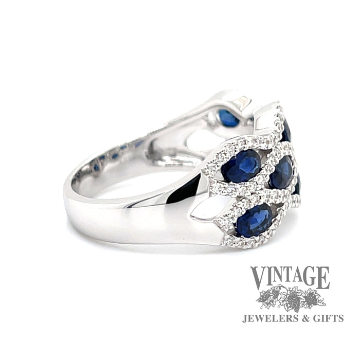14 karat white gold Blue sapphire and diamond band ring, side view