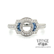 Platinum sapphire and diamond vintage Inspired hand engraved ring mounting