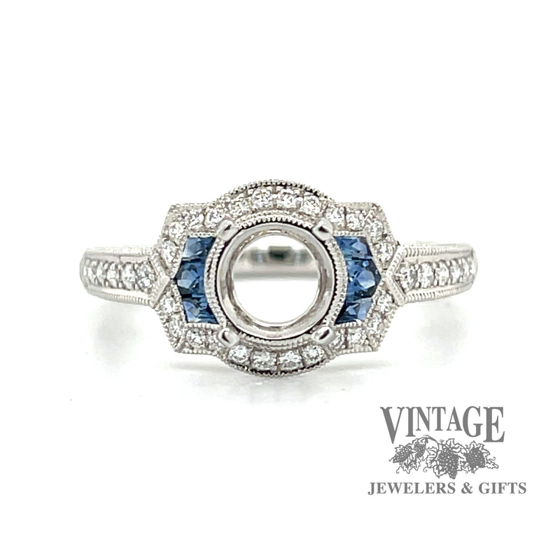 Platinum sapphire and diamond vintage Inspired hand engraved ring mounting