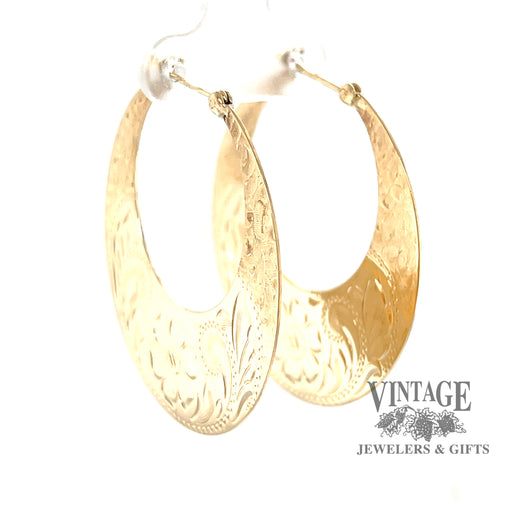 Hand engraved 14k gold hoops
