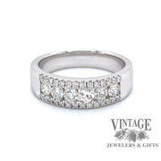 18k white gold 3 row round diamond band, front view