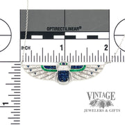18 karat white gold Egyptian revival sapphire, emerald and diamond scarab necklace with measurements.