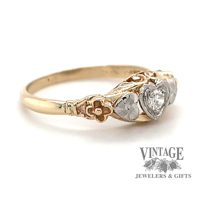 Vintage heart shaped 14k two tone diamond ring