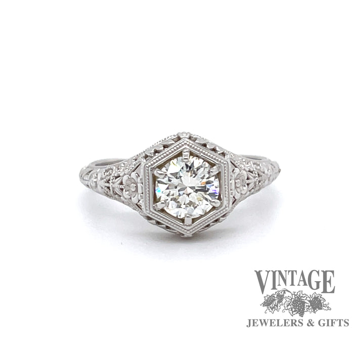 Edwardian inspired 14 karat white gold filigree .74ct I-VVS1 diamond solitaire ring