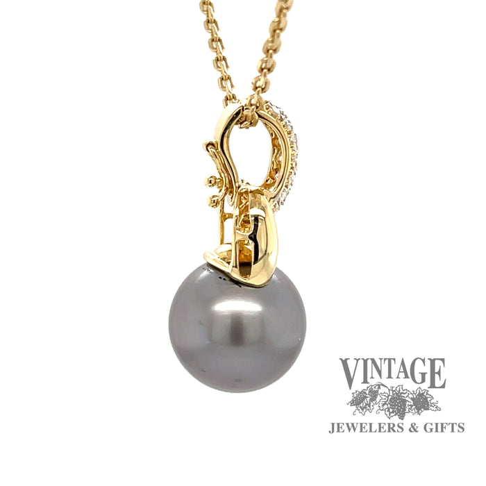 18 karat yellow gold Tahitian pearl enhancer pendant with pave' set diamonds, side view