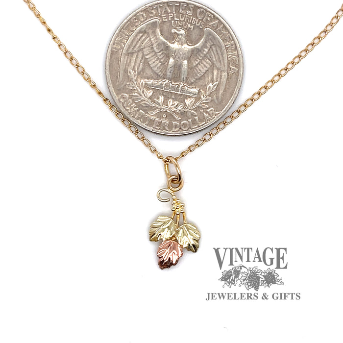 Black Hills Gold grape leaf necklace quarter for scale