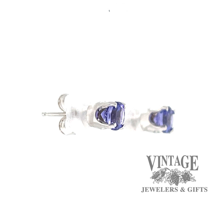  .87ctw Tanzanite round stud earrings in 14k white gold, side view