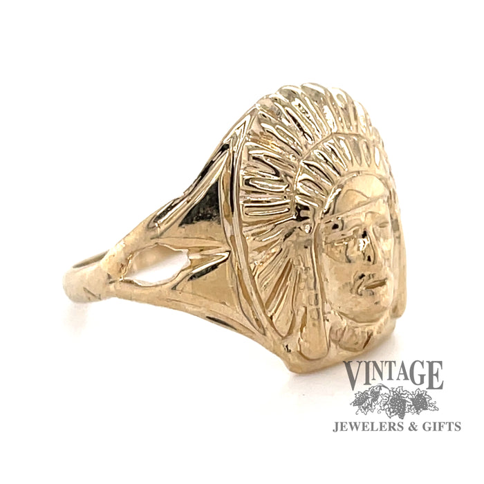 14 karat yellow gold raised relief native American chief ring, side view