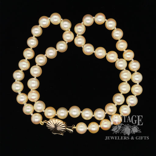 16”  Akoya cultured pearl necklace with 14 karat yellow gold scalloped clasp