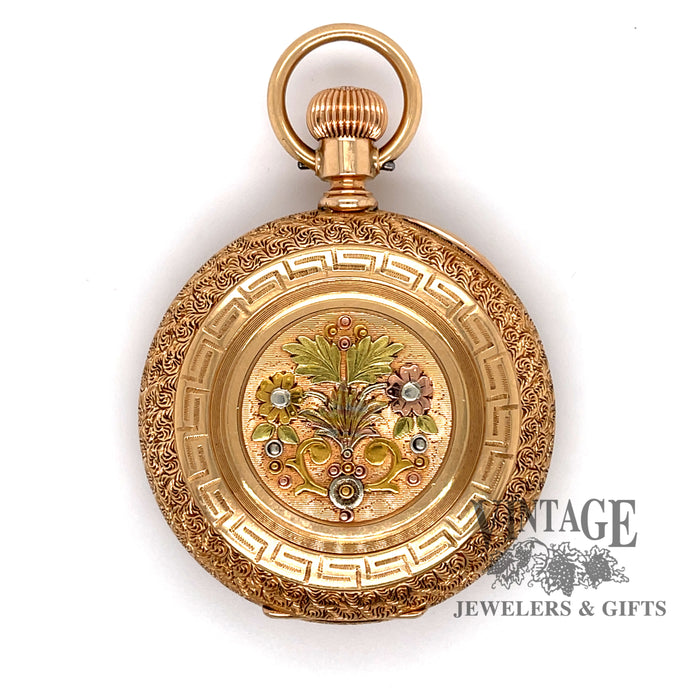 American Waltham Pocket watch in 14k multi color gold case, back  view.