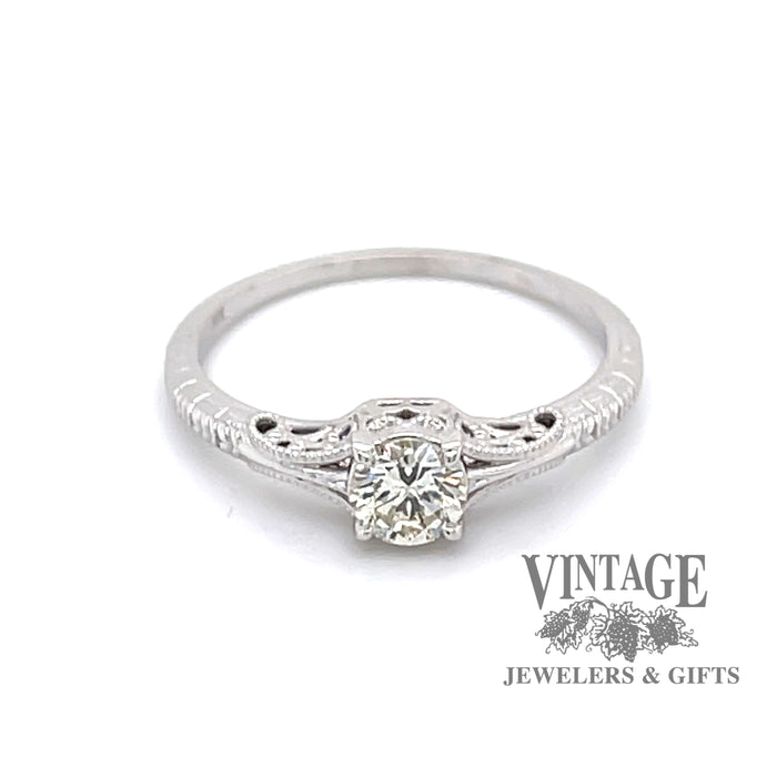 Edwardian inspired solitaire ring design is set with a sparkling .36 carat round H color, VS1 clarity, natural diamond in 14 karat white gold, front view