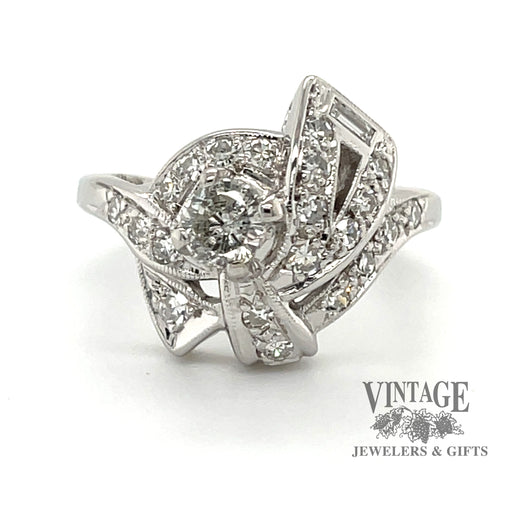Vintage Art Deco 14 karat white gold diamond pave bow motif ring