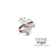 Vintage platinum ruby diamond bow design pin, top