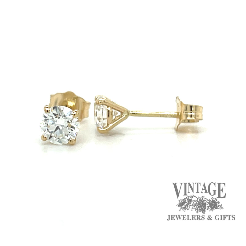 14 karat yellow gold .80 carat total weight round lab grown diamond stud pierced earrings