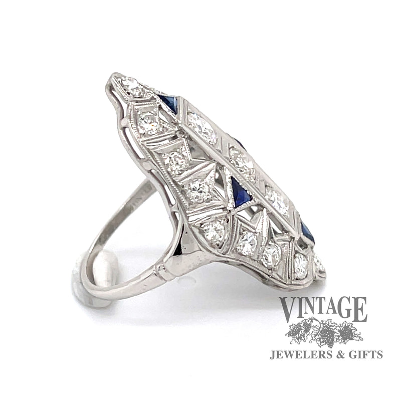 Platinum filigree Edwardian 1.56ctw diamond and sapphire ring, side view