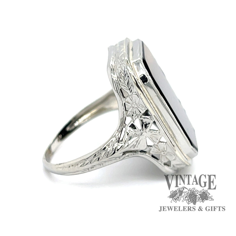 18 karat white gold vintage onyx filigree ring, side view
