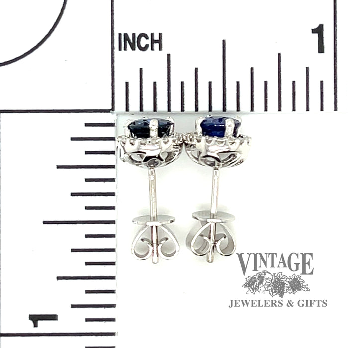 14 karat white gold blue sapphire and diamond stud earrings, with measurement