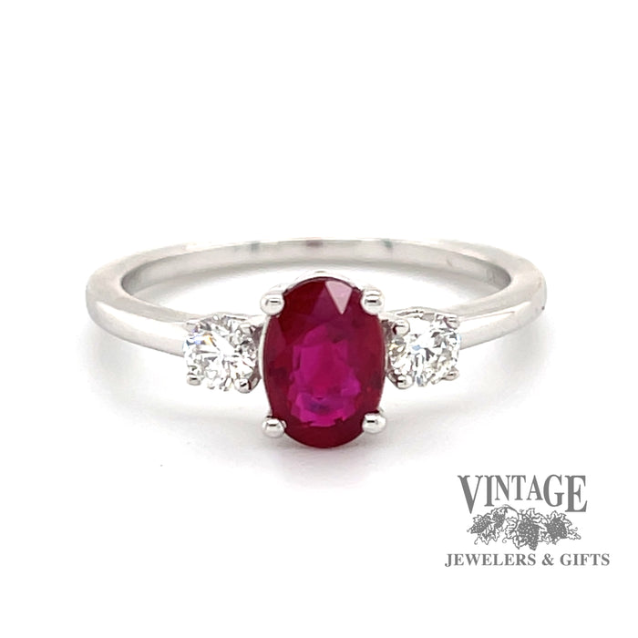 14 karat white gold 1.02ct Natural oval ruby and diamond  ring