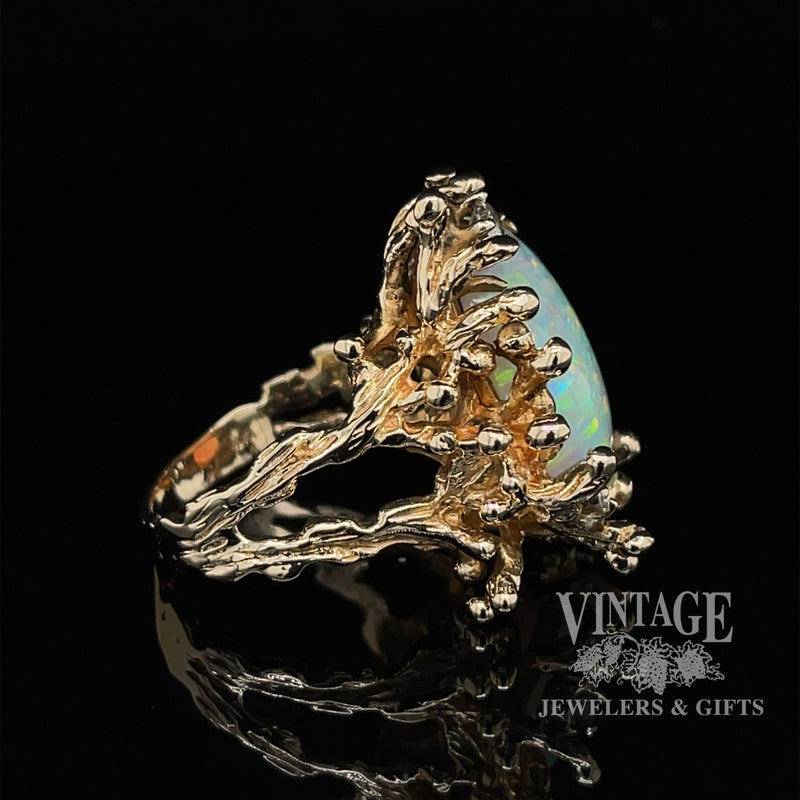 14 karat yellow gold 5ct opal and diamond rustic ring, side view