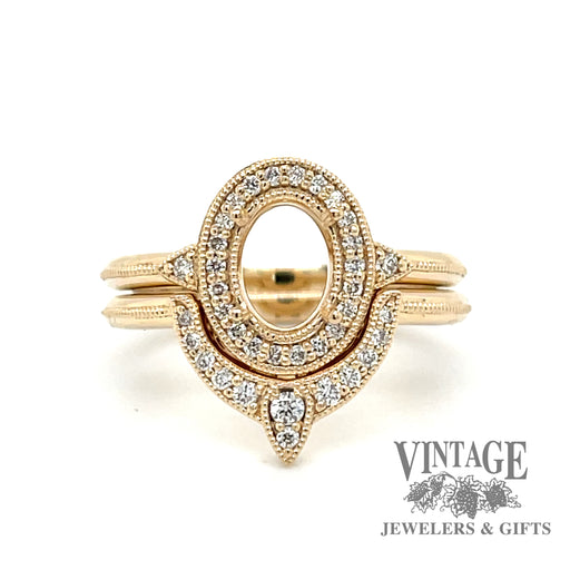 14 karat yellow gold oval halo design semi-mount wedding ring set